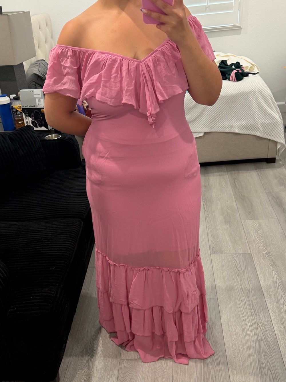 Young Fabulous & Broke Pink Off-Shoulder Ruffle Maxi Dress